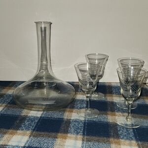 Elegant Vintage Glass Decanter and Wine Glass Set
